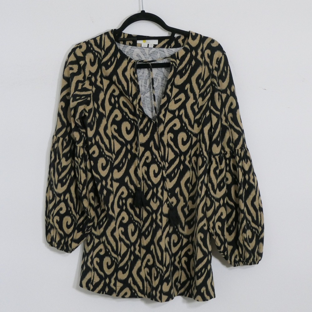 Boden Womens Tunic 4 Tan Black Ikat Tassel Balloon Sleeve Boho Peasant Tribal